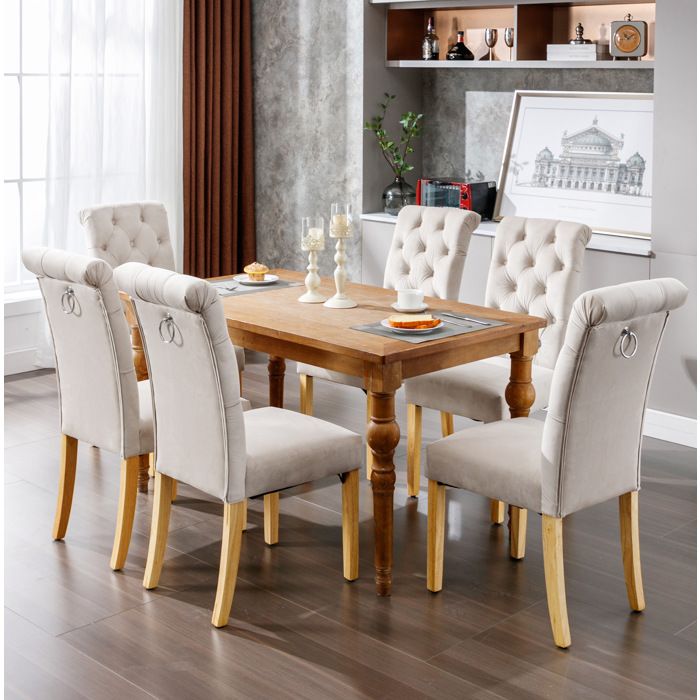 Lot de 6 chaises de salle a manger EVRYAE en velours beige dossier capitonne pieds en chene massif