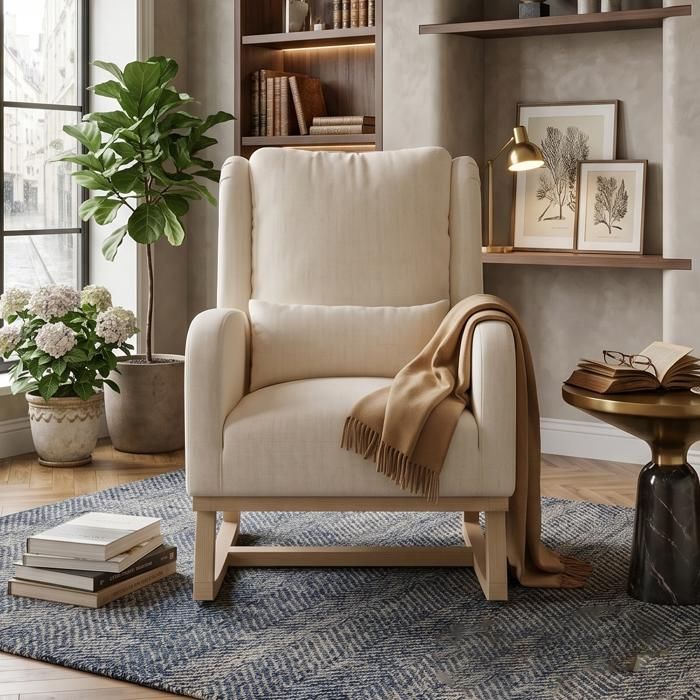 Fauteuil à Bascule - Poches Latérales & Coussin - Tissu en Lin - Style Scandinave - Beige moderne et épuré
