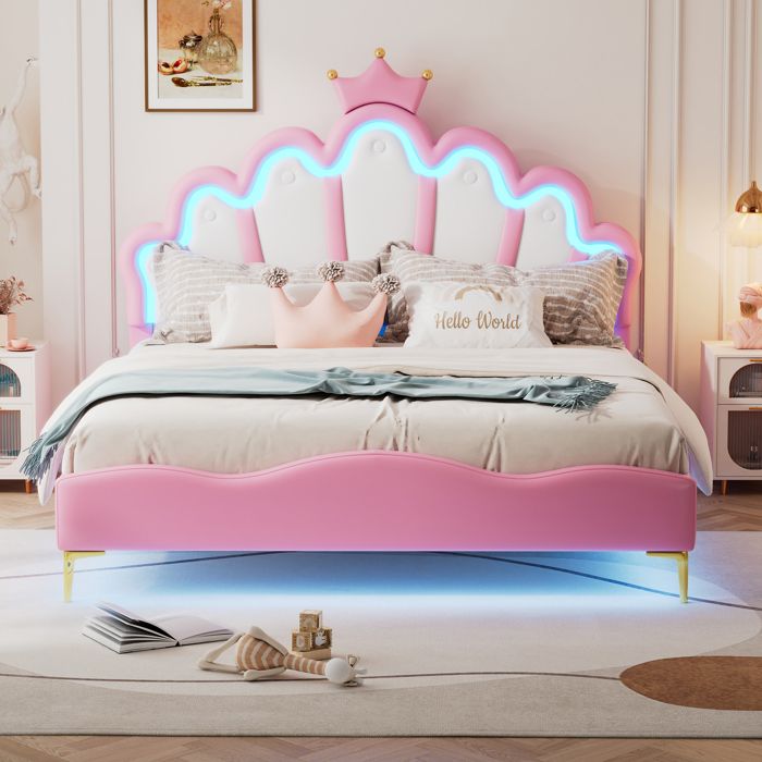Lit double princesse - 140x200 cm - Forme couronne - Rembourrage cuir PU - Bande LED réglable - Rose - Hauteur ajustable