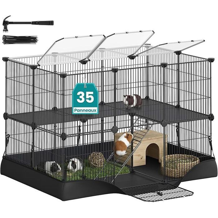 Enclos pour Petits Animaux à 2 Niveaux Parc Enclos Tapis Imperméable Double Porte pour Lapins35 Panneaux 93 x 63 x 615 cm