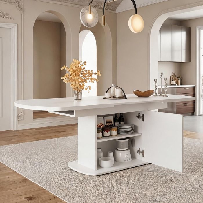 Table à manger ovale extensible avec rangement L140/200 cm panneau de particules blanc et poignée argent design moderne