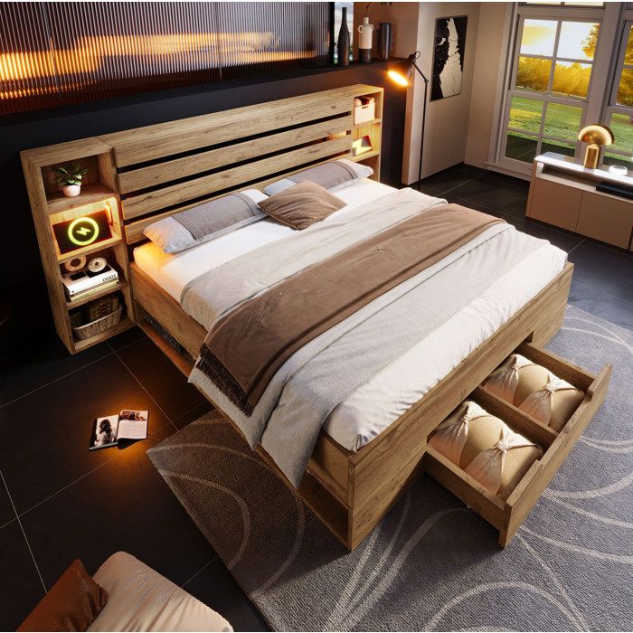 WUVRIE Lit double 160x200 cm avec LED USB et Type-C tête de lit de rangement 2 tiroirs décor chêne