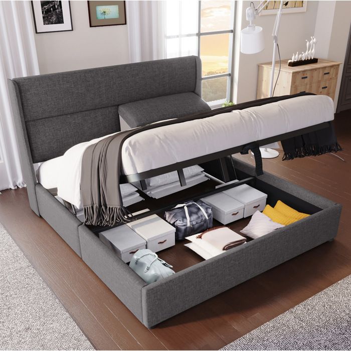 COVREO Lit coffre hydraulique 160 x 200 cm avec têtière réglable sommier à lattes métalliques lin gris