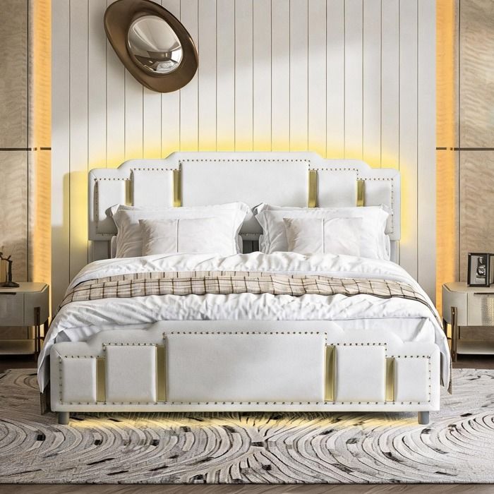 Lit 160x200 cm en velours beige avec rangement hydraulique tête de lit LED et passepoil doré
