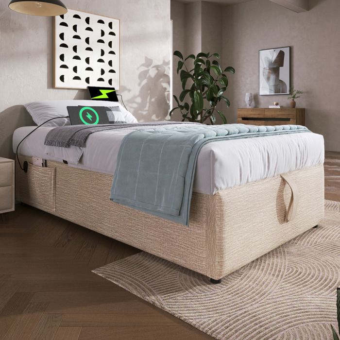 COVREO Sommier coffre 90 x 200 cm 1 place avec USB et USB-C ouverture hydraulique lin beige naturel