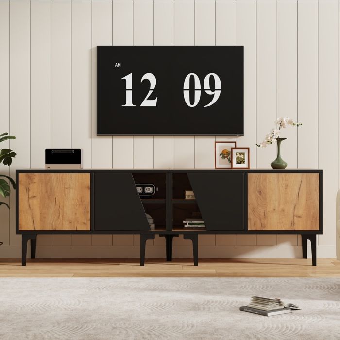 JOINERY meuble TV meuble rangement 160 cm 4 compartiments bois naturel noir 7 pieds pour téléviseur environ 65 pouces salon
