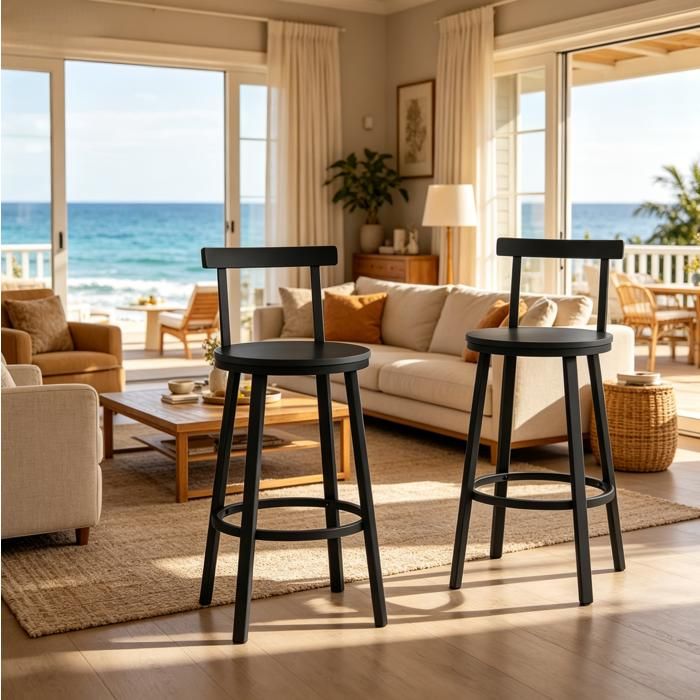 COVREO Lot de 2 tabourets de bar noirs 65 cm avec dossier courbe assise ronde MDF et structure en metal