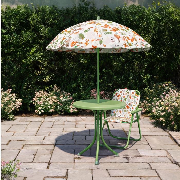 Ensemble salon de jardin enfant 4 pièces avec parasol réglable motif animalier chaises pliables structure acier et polyester