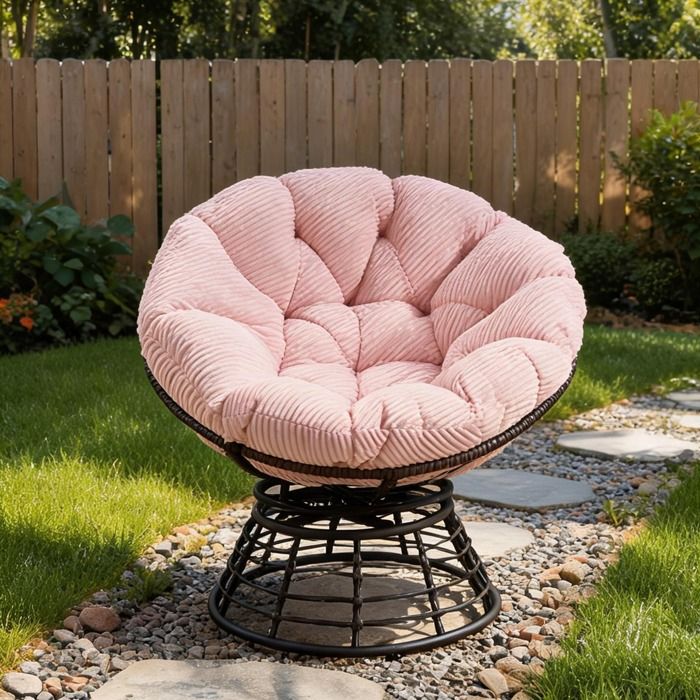 Fauteuil papasan en rotin synthétique rose et structure acier pivotant 360° pour salon et extérieur