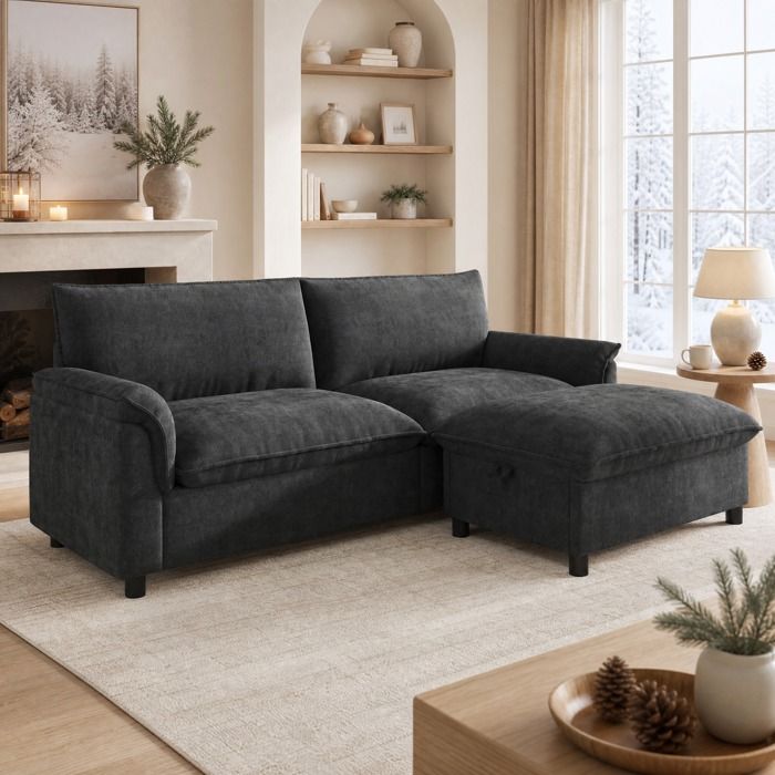 VUENOR Canapé dangle modulaire 216x77x82 cm chenille noire – pouf mobile avec coffre