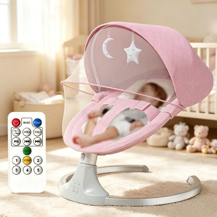 Balancelle Bébé Électrique - 5 Vitesses - Réglage 3 Angles - Télécommande& Bluetooth - Moustiquaire - Fauteuil à bascule - Rose