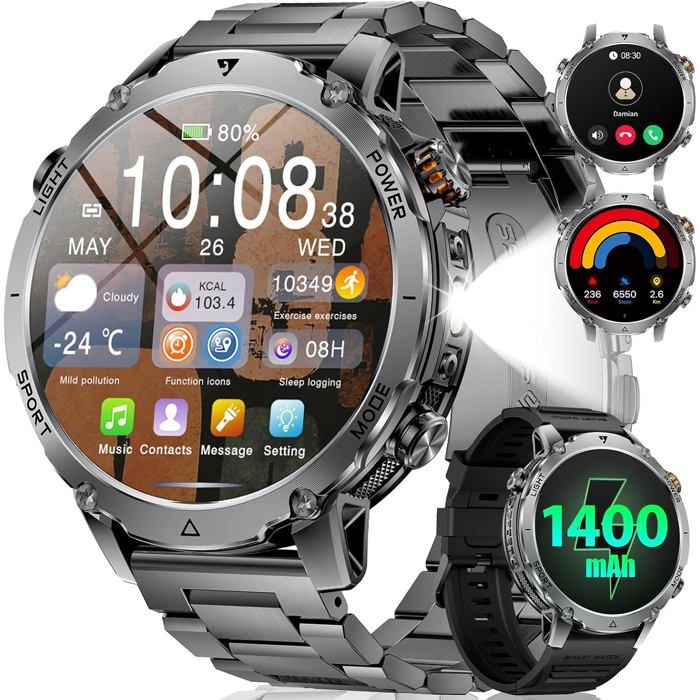 Montre Connectée Homme Batterie 1400Mah Écran Hd 1 7 Pouce Lampe Led 110+ Modes Sport Montre Homme Suivi Sommeil Ip68 Étanche