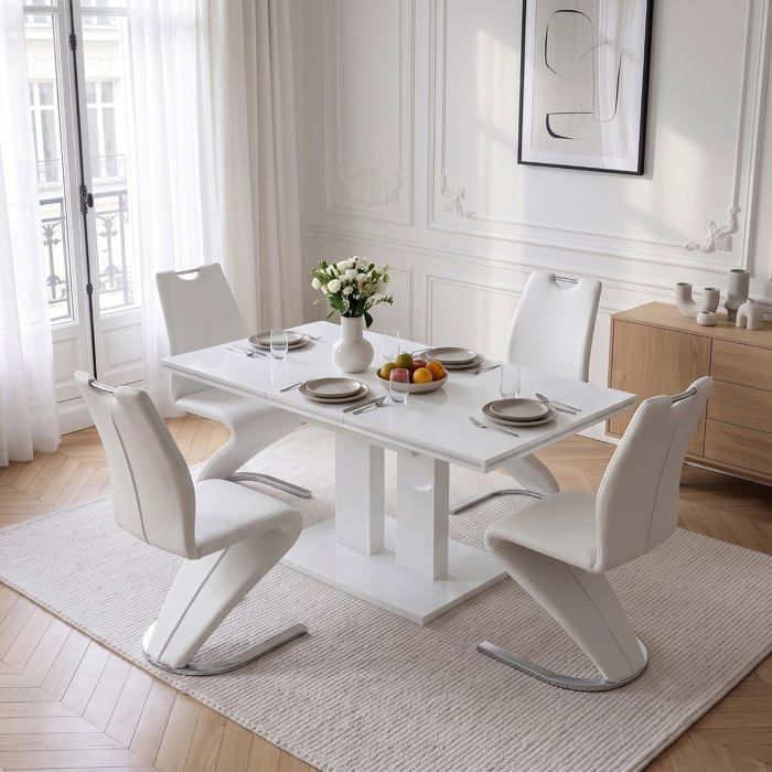 JIEXI Lot 5 pièces : 1 table de salle à manger extensible blanc brillant et 4 chaises cantilever forme Z ensemble moderne