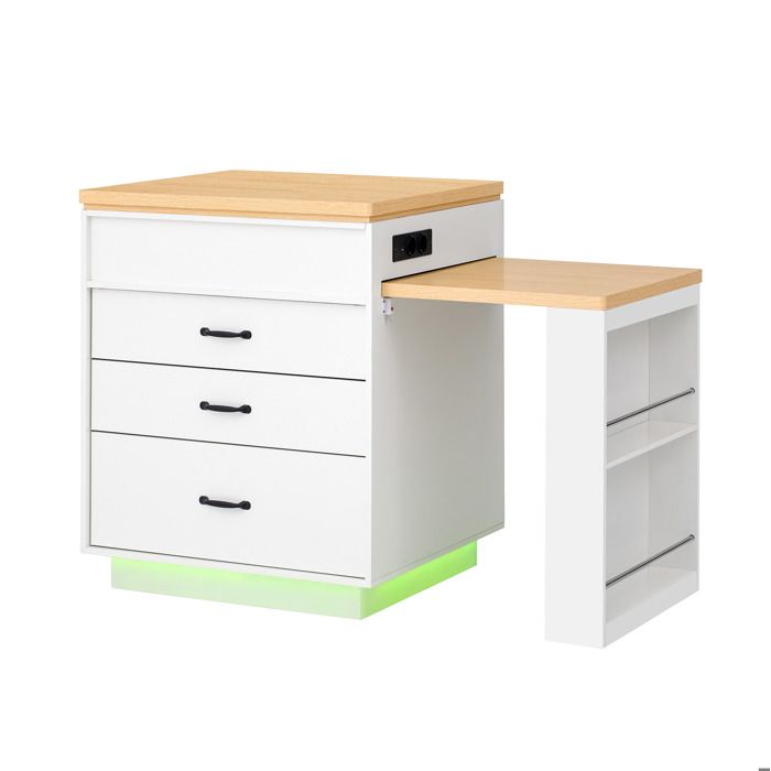 Îlot central de cuisine extensible – blanc – MDF/PB – LED – USB Type-C – à roulettes