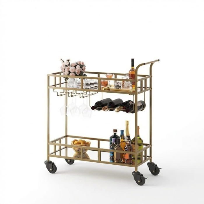 Chariot de bar à 2 niveaux sur roulettes porte-bouteilles porte-verres et plateaux miroir doré