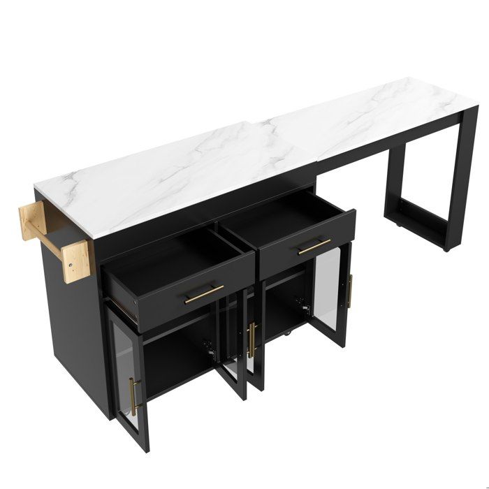 Îlot central de cuisine mobile – plateau extensible 2 tiroirs 4 portes vitrées noir