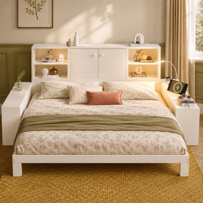 Lit Banquette Extensible 90x200 à 180x200 - en Bois Blanc - avec Rangement Liseuse 360° USB/USB-C