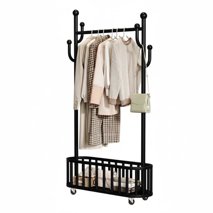 Portant à vêtements en métal robuste sur roulettes verrouillables – Avec panier 4 crochets et étagère – 100cm large noir
