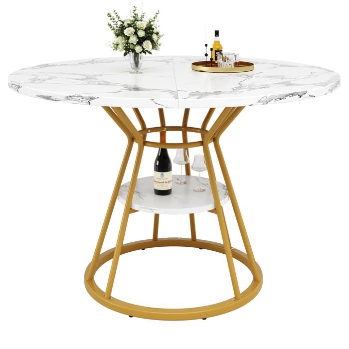 Table à manger ronde Logidon 100 cm motif marbre pieds métal doré
