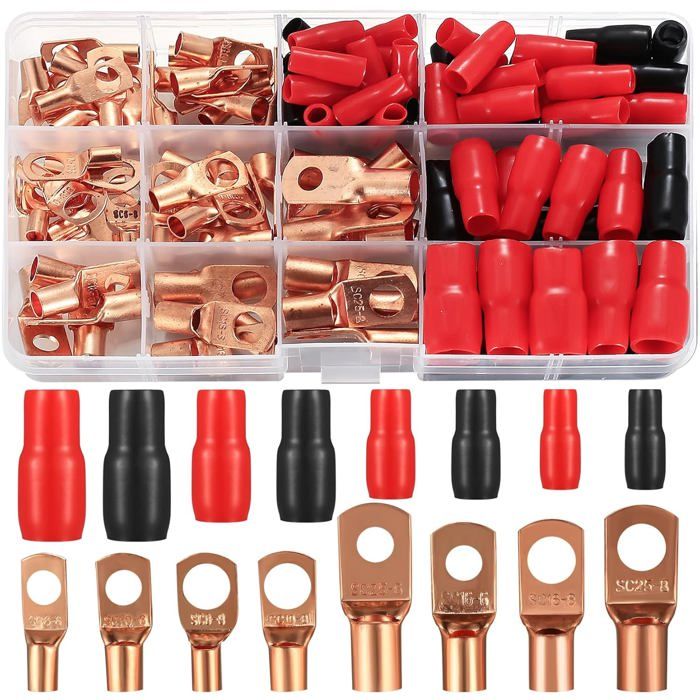 120 Pièces Cosses à Sertir en Laiton Anneau 6-25 mm² 60 Cosses Anneau + 60 Gaines Thermorétractables pour Câbles 6-25 mm² avec Trou