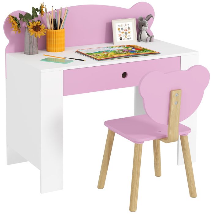 Facile à intégrer set bureau enfant rose avec chaise tiroir et dossier ourson pour lire écrire et dessiner 3-8 ans