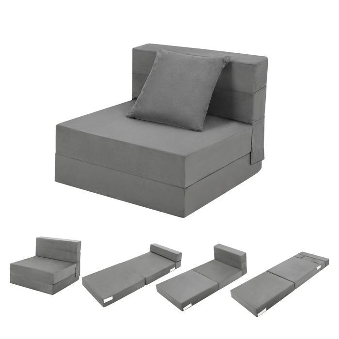 Fauteuil-Lit 1 Place Gris • Matelas Ergonomique Déhoussable & Coussin Inclus • Canapé dAppoint Modulable Tout Espace