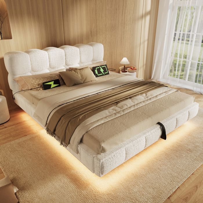 Lit coffre 140x200 cm design bulle effet nuage rangement hydraulique LED via app 3 USB + 1 Type-C chenille beige