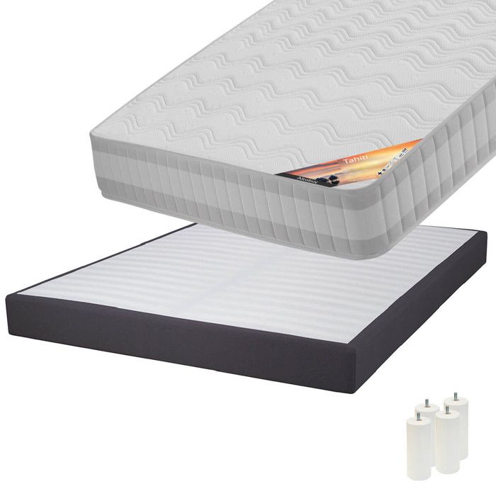 Tahiti - Pack Matelas 160x200 + Sommier Tapissier Démontable 2x20 Lattes Anthracites + Pieds Blancs 15cm Tahiti - Pack Matelas 160x200 + Sommier Tapissier Démontable 2x20 Lattes Anthracites + Pieds Blancs 15cm