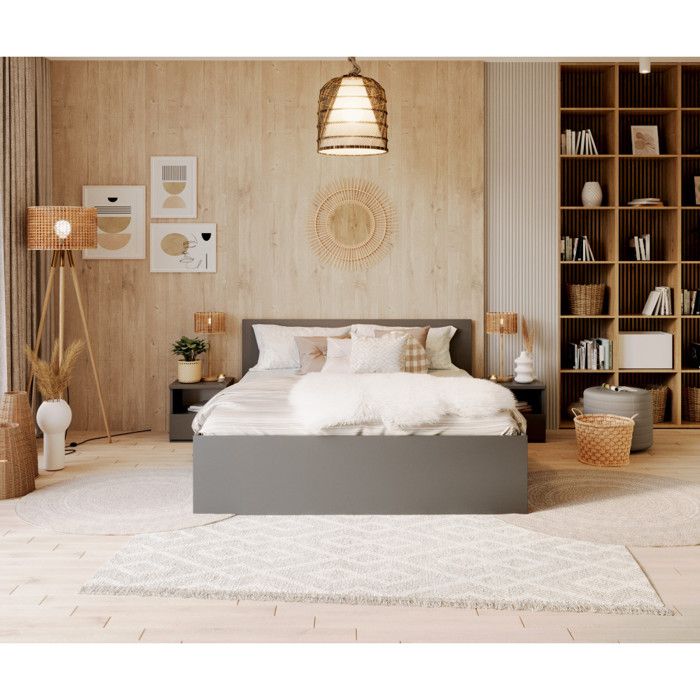 Lit Panama 140x200 + coffre - Sommier inclus Gris Lit Panama 140x200 + coffre - Sommier inclus Gris