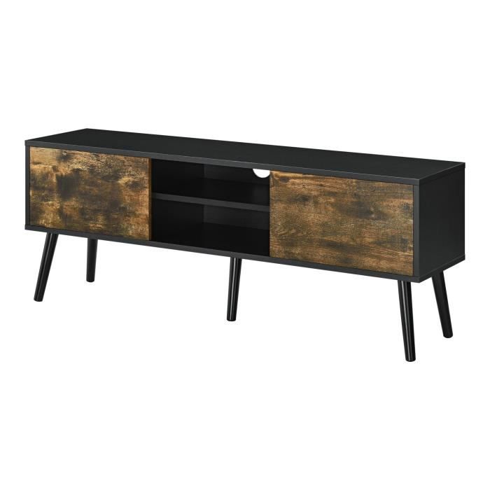 meuble tv - marque - support télé 120 cm - pieds en bois - revêtement pvc noir bois foncé