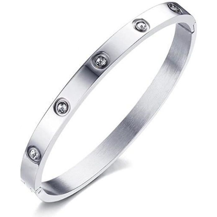 Bracelet jonc pour femme en acier inoxydable argenté avec strass 64mm