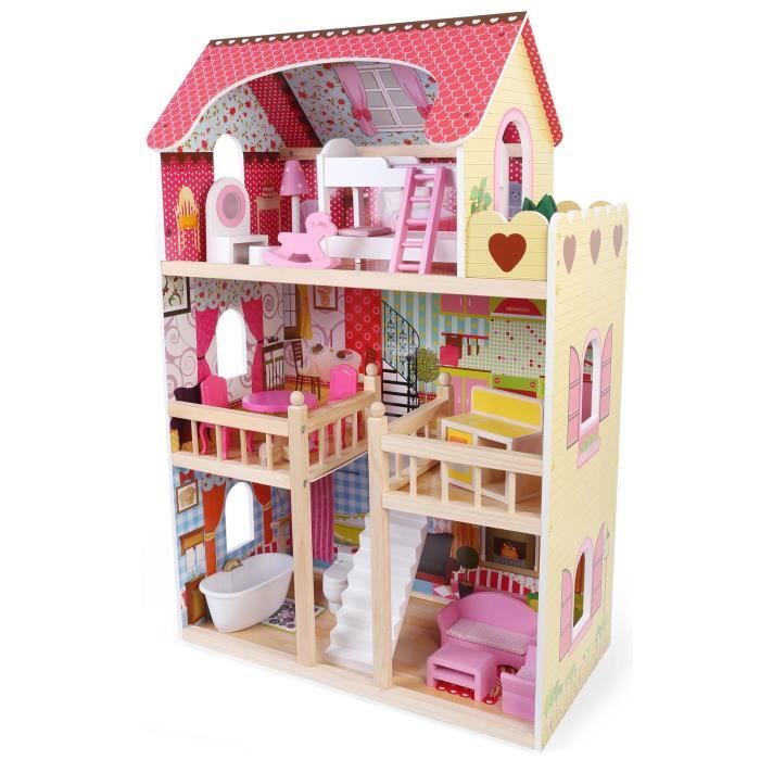 Grande Maison de poupées en Bois de 3 étages avec escalier central+ Meubles  et Accessoires de décoration … - Cdiscount Jeux - Jouets