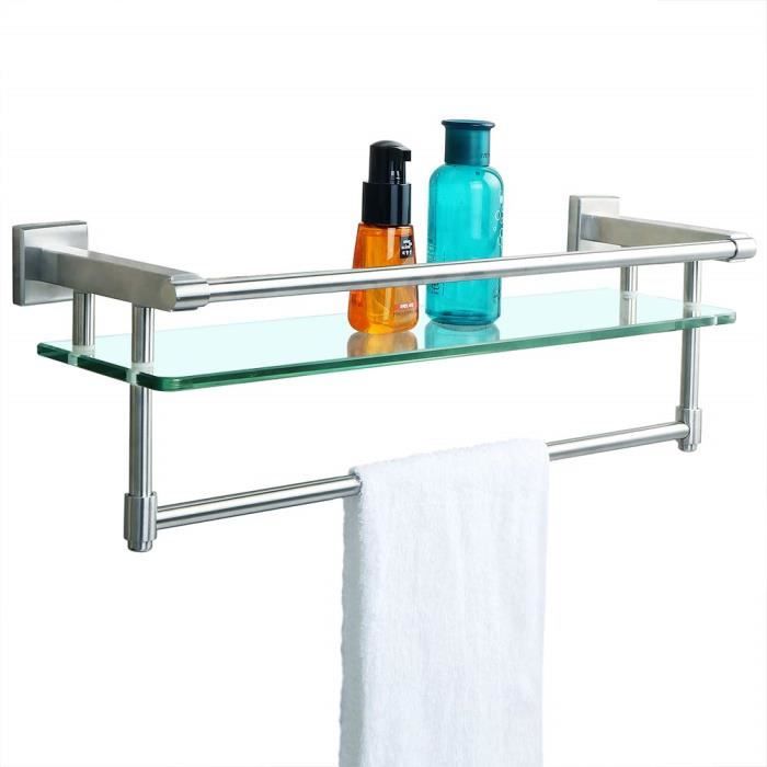 /Étag/ère de salle de bain sans per/çage en verre tremp/é avec rail de fixation murale en acier inoxydable 38 cm