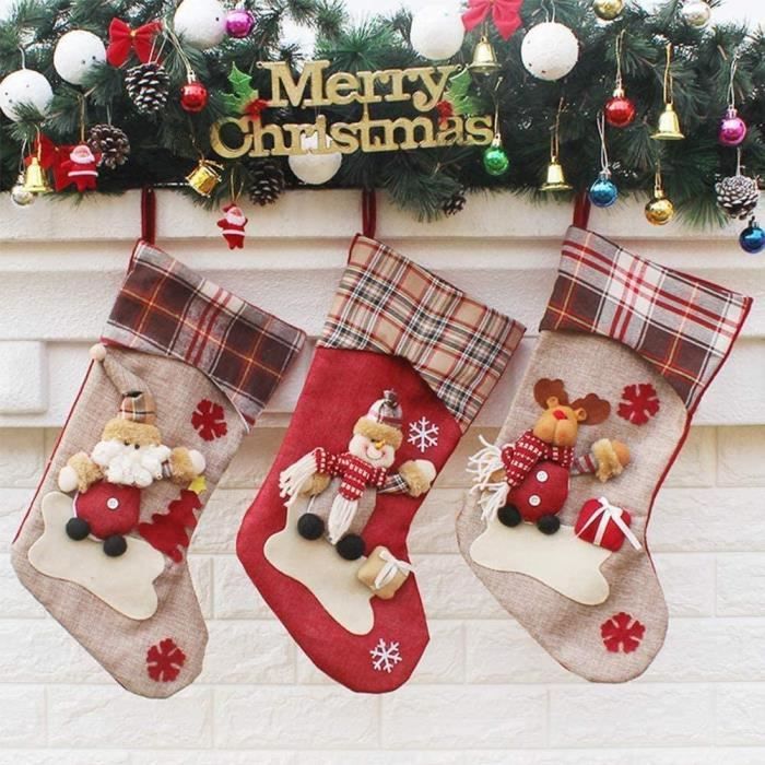 Chaussette de Noel à Suspendre 3pcs Sac Cadeau de Noël avec Bonhomme de Neige Père Noël Wapiti Cartoon Décoration Arbre Cheminée Vitrine Sac de Bonbons