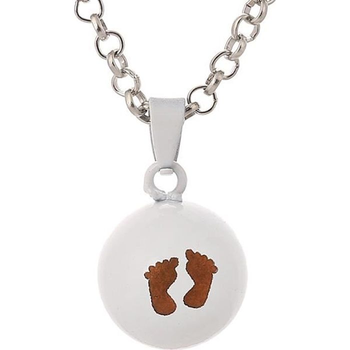 Collier /Sautoir Bola de grossesse – Pendentif Bola avec impreinte de pied de bébé – style mignon et original - Blanc