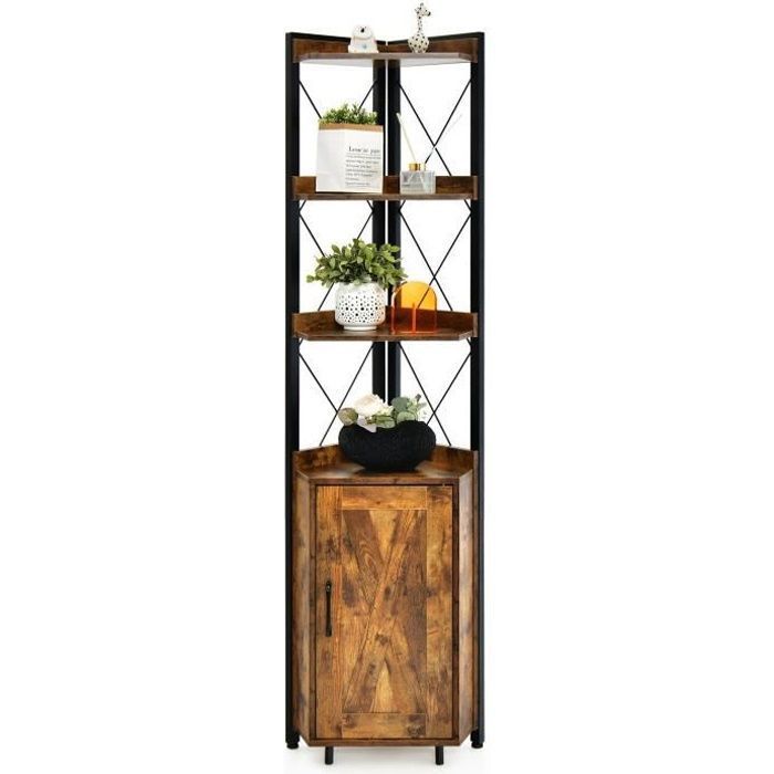 COSTWAY Bibliothèque/Étagère d’Angle avec Armoire et 4 Étagères Meuble d’Angle avec Dispositif Anti-basculement et Pieds Réglables