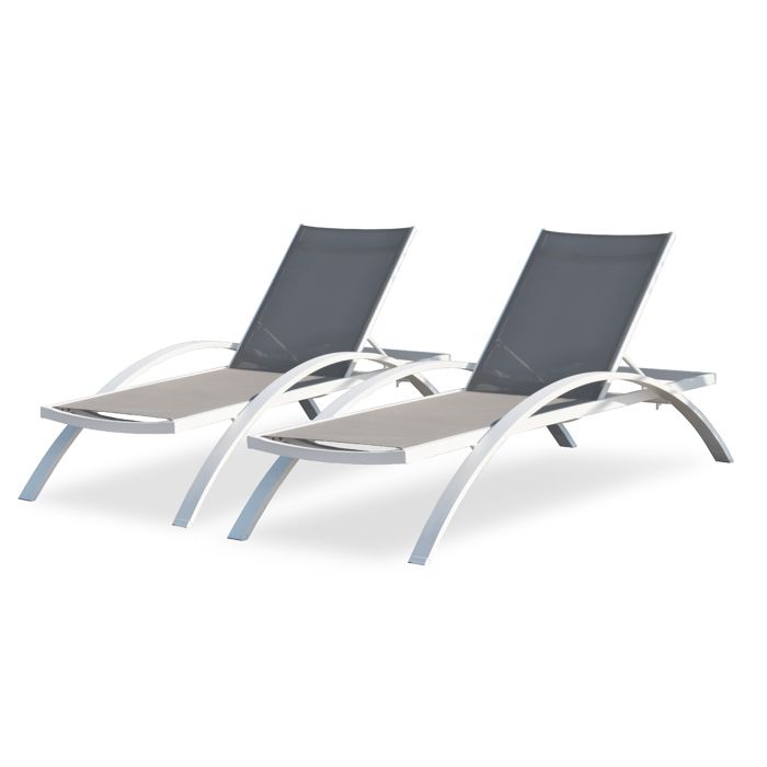 Lot de 2 bains de soleil en toile plastifiée et aluminium - Blanc - BARCELONA