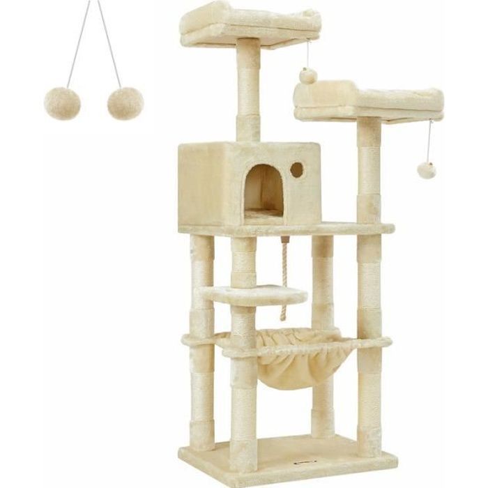 Comparer les prix de Arbre à Chat Hauteur 143 cm, avec 11 Poteaux à Griffer, 2 Plateformes, 1 Niche, 1 Hamac, 2 Pompons, en Tissu Peluche, Beige