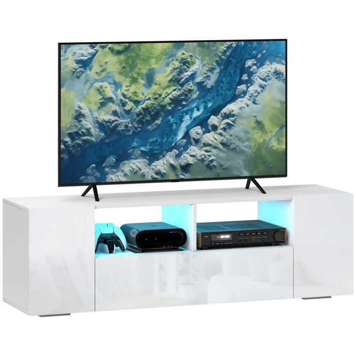 Meuble tv led - HOMCOM - support télé 140 cm 3 placards jusquà 60 pouces lumière réglable brillant - bois - 140 cm - blanc