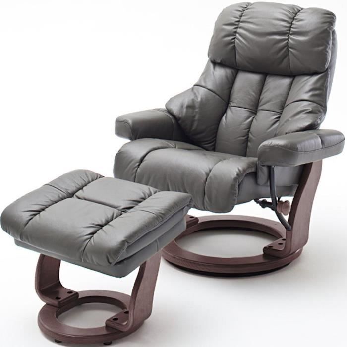 fauteuil relax clairac assise en cuir nougat pied en bois noyer avec repose pied gris cuir inside75