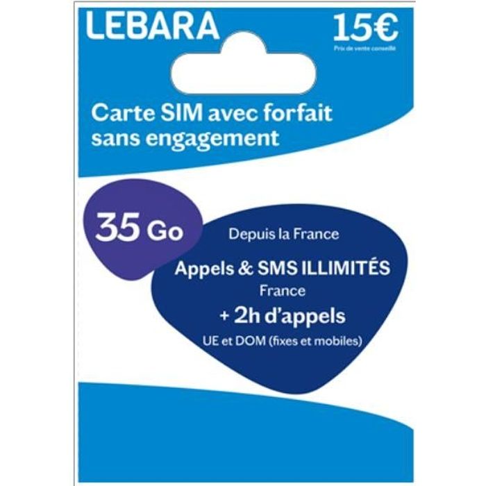 Lebara Carte Sim + appels et SMS illimités France + 2h vers 43 Destinations + 35 Go