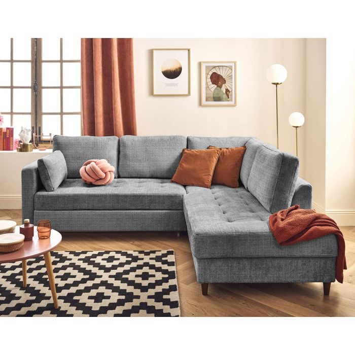 Anna - canapé dangle droit 5 places convertible en velours texturé - Gris