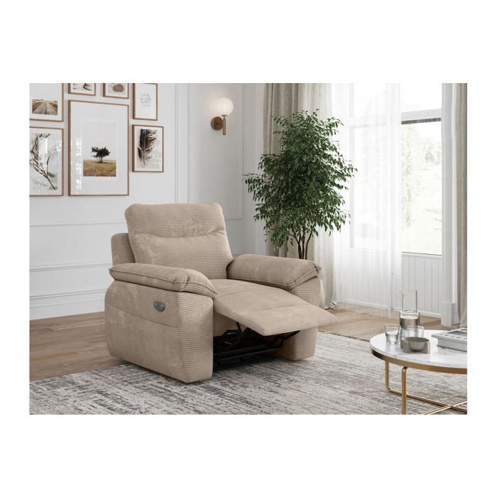 Fauteuil de relaxation électrique ROSS en velours côtelé - Taupe - L101 x P100 x H102cm - LOUNGITUDE Fauteuil de relaxation électrique ROSS en velours côtelé - Taupe - L101 x P100 x H102cm - LOUNGITUDE