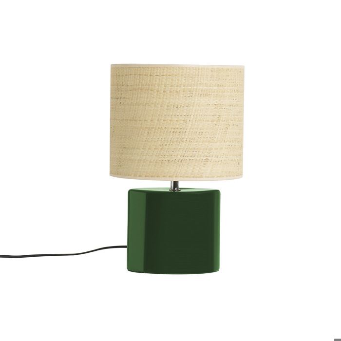 Miliboo - Lampe à poser en céramique vert foncé et abat-jour en raphia naturel H40 cm TIGA
