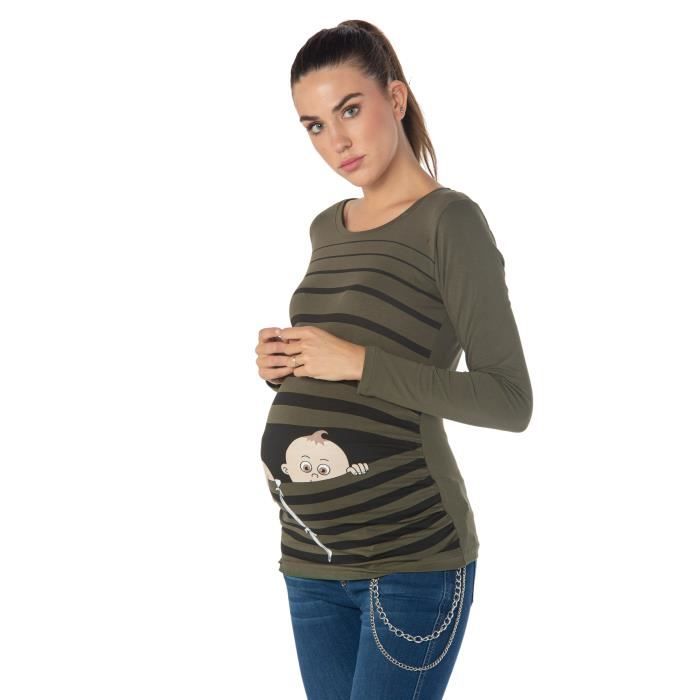 M.M.C vêtement de maternité Mignon et Rigolo/T-Shirt de maternité avec Motif pour la Grossesse/T-Shirt de Grossesse Bébé en Fuite à Manches Courtes 