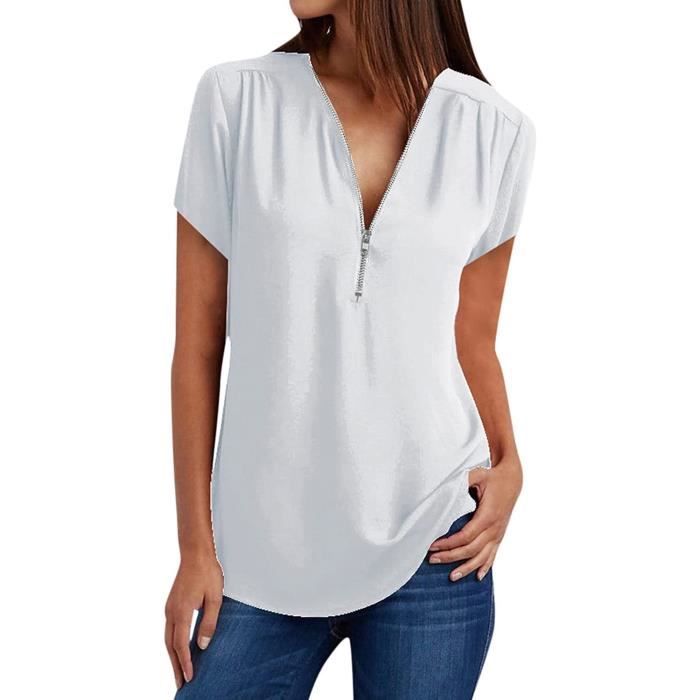 T-shirt Femme - LEOCLOTHO - Manches Courtes - Col V - Bleu Foncé