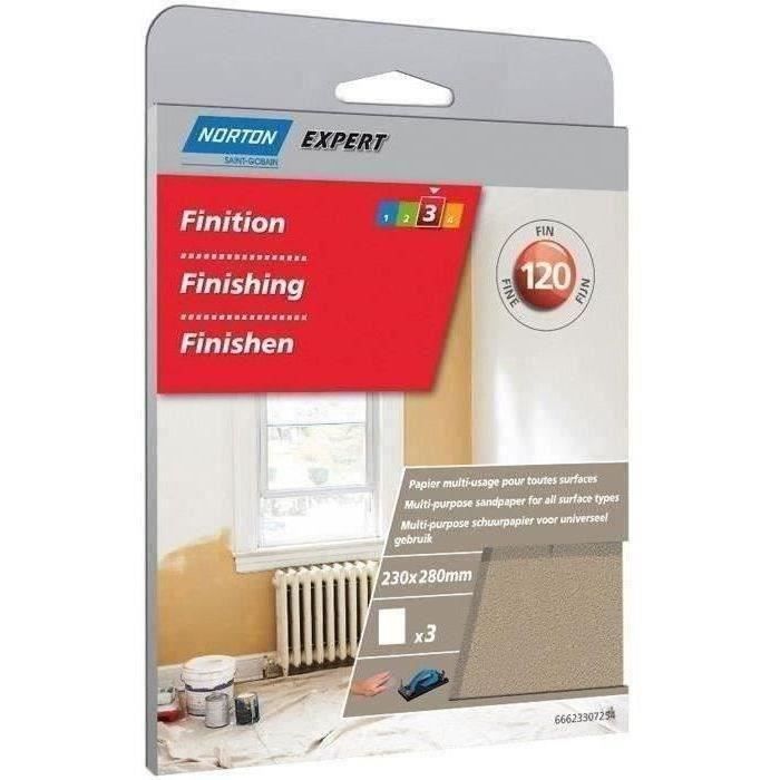 Papier abrasif multiusage - NORTON - Grain 120 - Lot de 3