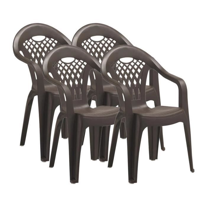 Lot de 4 chaises de jardin empilables en résine coloris Marron - Longueur 58 x Profondeur 54 x Hauteur 86 cm Lot de 4 chaises de jardin empilables en résine coloris Marron - Longueur 58 x Profondeur 54 x Hauteur 86 cm