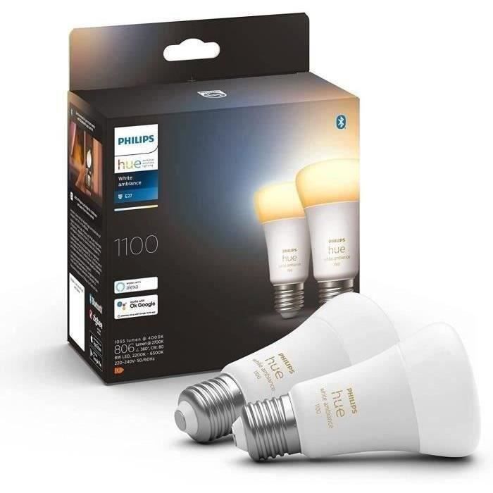 Philips Hue White Ambiance, ampoule LED connectée E27 équivalent 75W, 1100 lumen, compatible Bluetooth, pack de 2