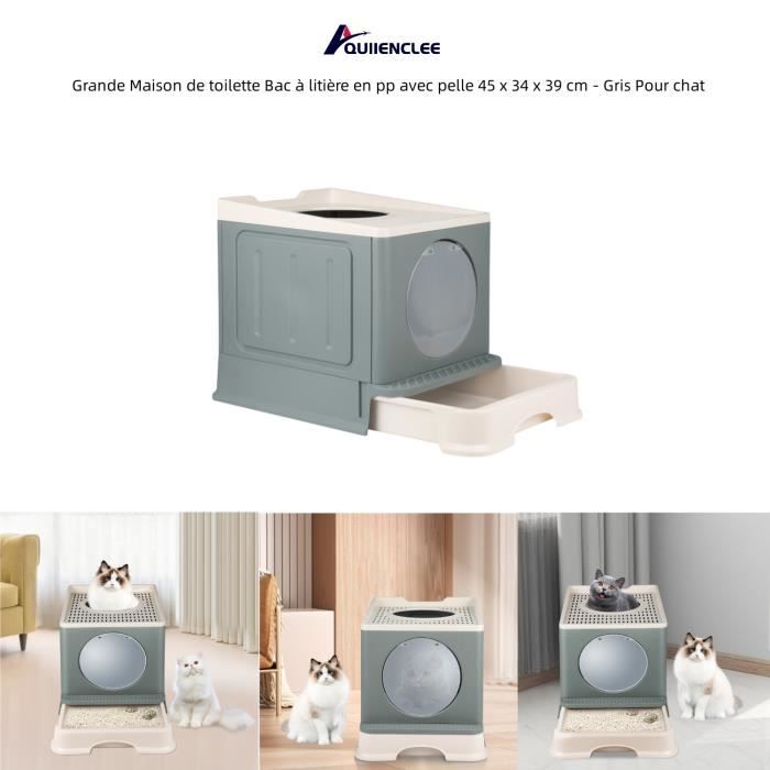 Meilleurs prix pour QUIIENCLEE Grande Maison de toilette Bac à litière en pp avec pelle 45 x 34 x 39 cm - Gris Pour chat